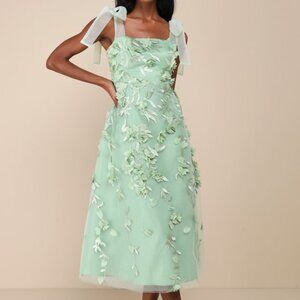 Lulus Effortlessly Sweet Sage Tulle 3d Floral Tie-strap Midi Dress Green
